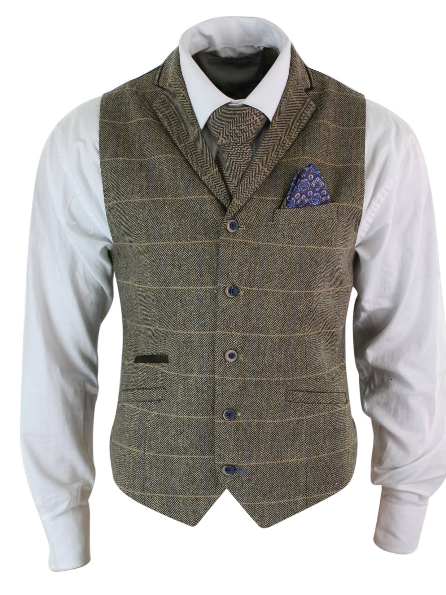 Cavani Albert - Miesten klassinen tweed-kuvioinen kalanruotokuvioinen ruudullinen ruskeanharmaa kapea istuvuus vintage-liivi - ruskea