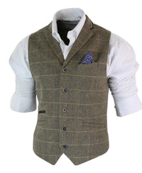 Cavani Albert - Miesten klassinen tweed-kuvioinen kalanruotokuvioinen ruudullinen ruskeanharmaa kapea istuvuus vintage-liivi - ruskea