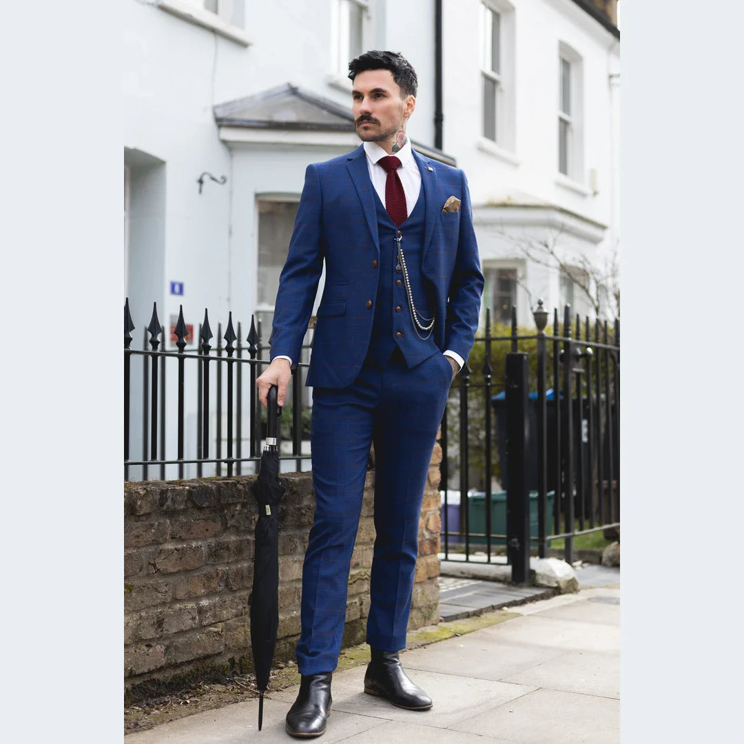 Miesten siniruskea ruutukuvioinen kolmiosainen puku, räätälöity istuvuus, hääpuku, Walesin prinssi