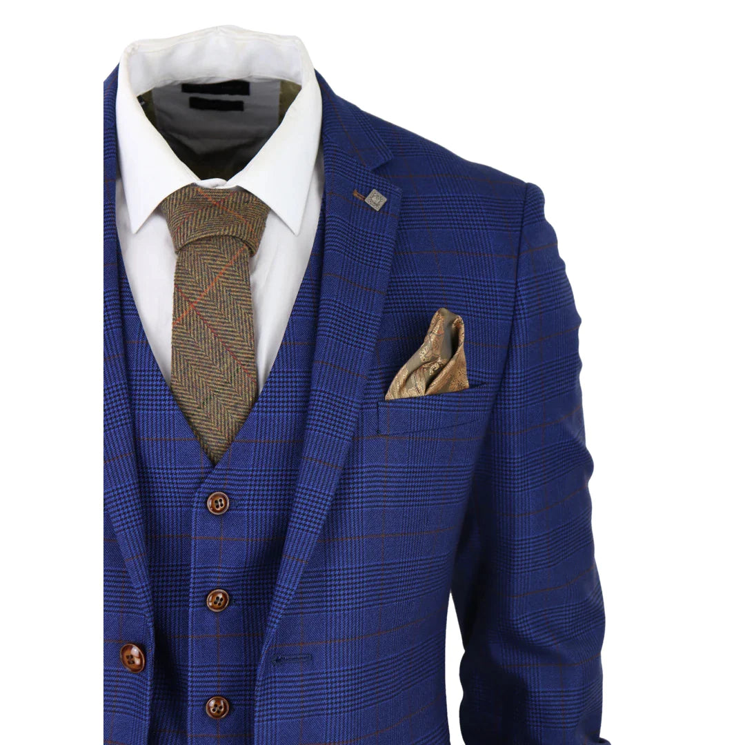 Miesten siniruskea ruutukuvioinen kolmiosainen puku, räätälöity istuvuus, hääpuku, Walesin prinssi