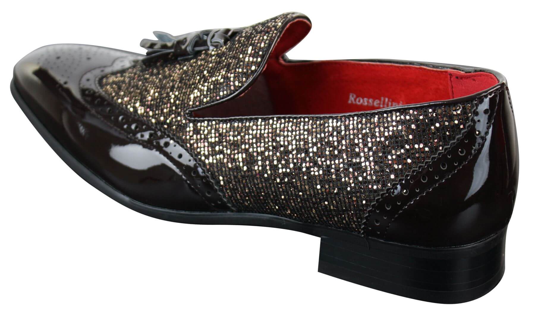 Miesten Smart Party Shiny Tassle -kengät, punainen, hopeanvärinen, musta, lakkanahkaiset