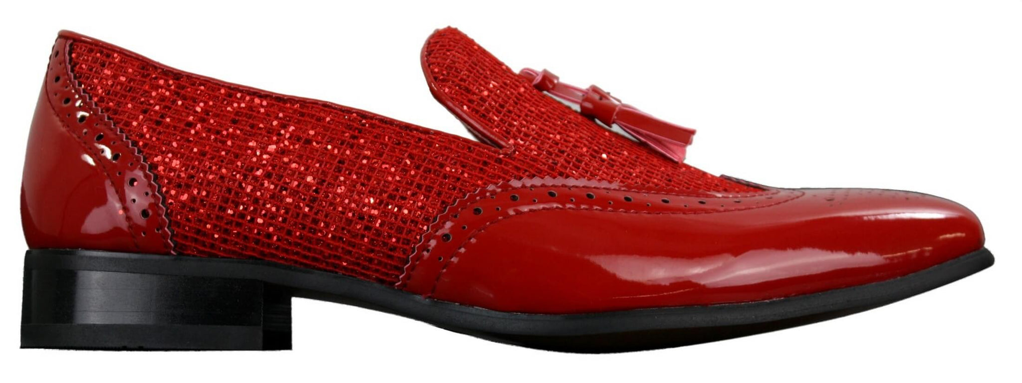 Miesten Smart Party Shiny Tassle -kengät, punainen, hopeanvärinen, musta, lakkanahkaiset