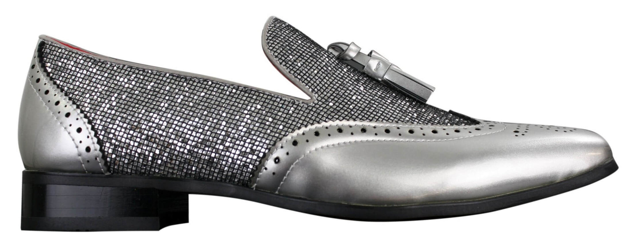 Miesten Smart Party Shiny Tassle -kengät, punainen, hopeanvärinen, musta, lakkanahkaiset