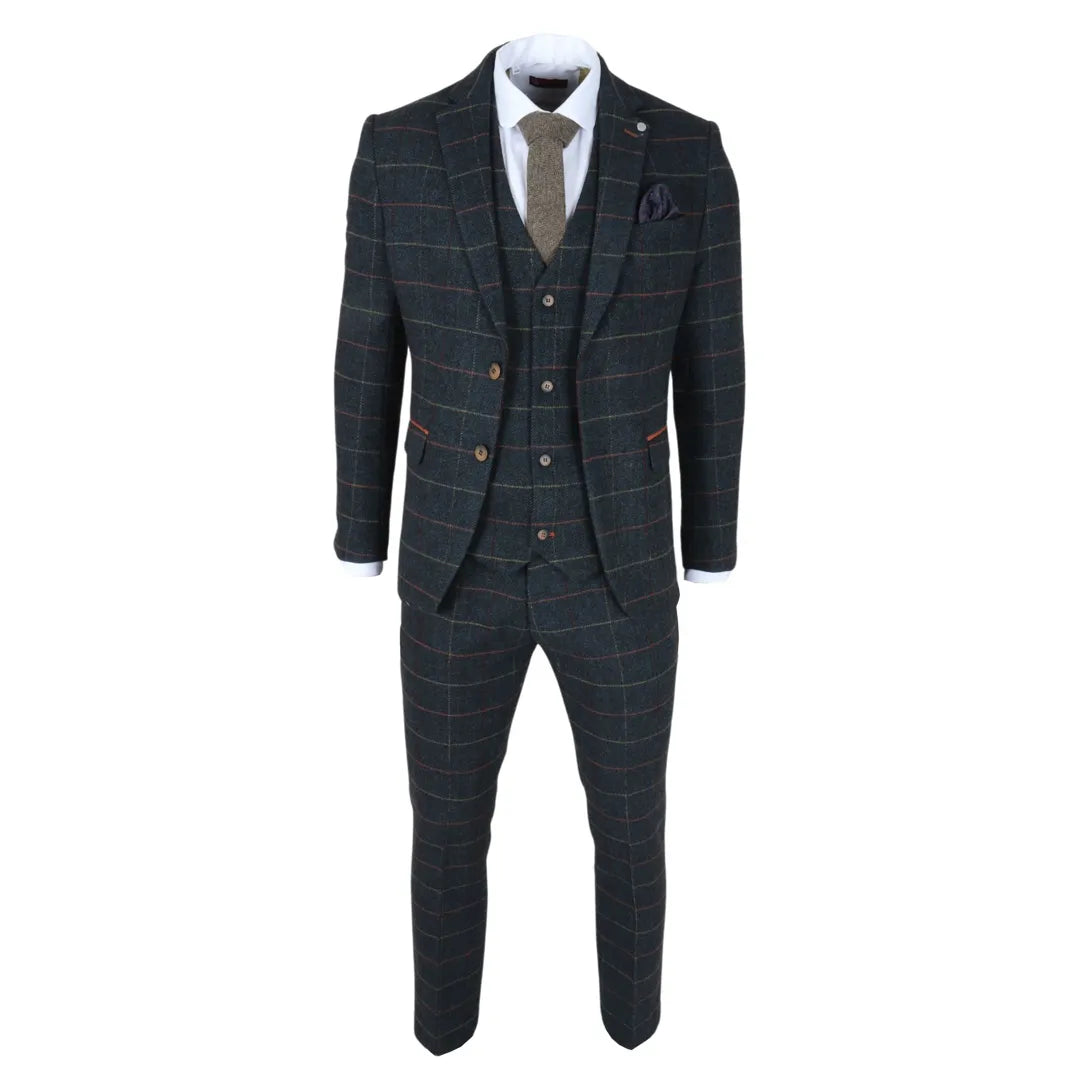 Archer - Miesten laivastonsininen ruutukuvioinen kalanruotokuvioinen tweed-puku, kolmiosainen