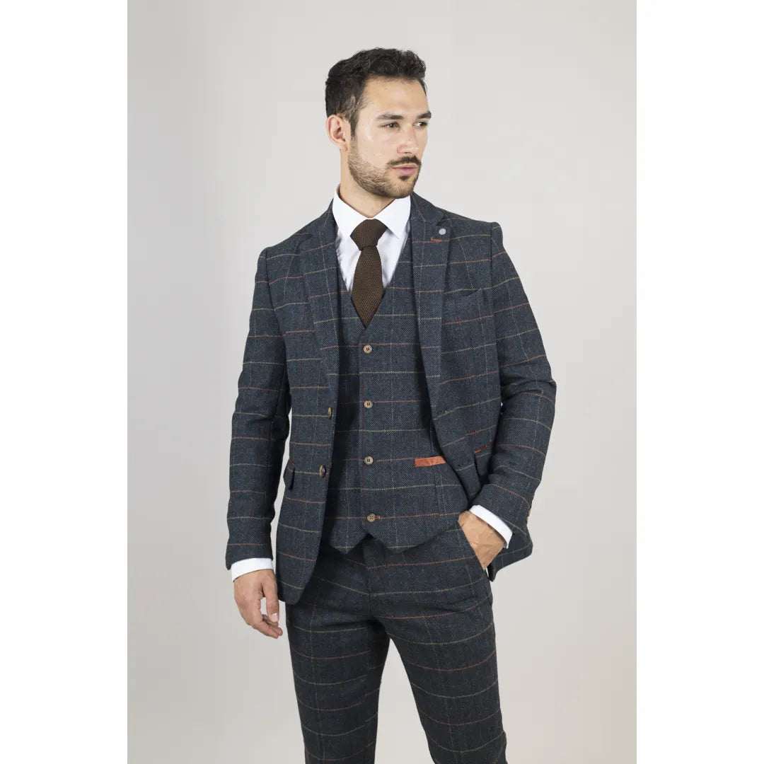 Archer - Miesten laivastonsininen ruutukuvioinen kalanruotokuvioinen tweed-puku, kolmiosainen