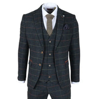 Archer - Miesten laivastonsininen ruutukuvioinen kalanruotokuvioinen tweed-puku, kolmiosainen