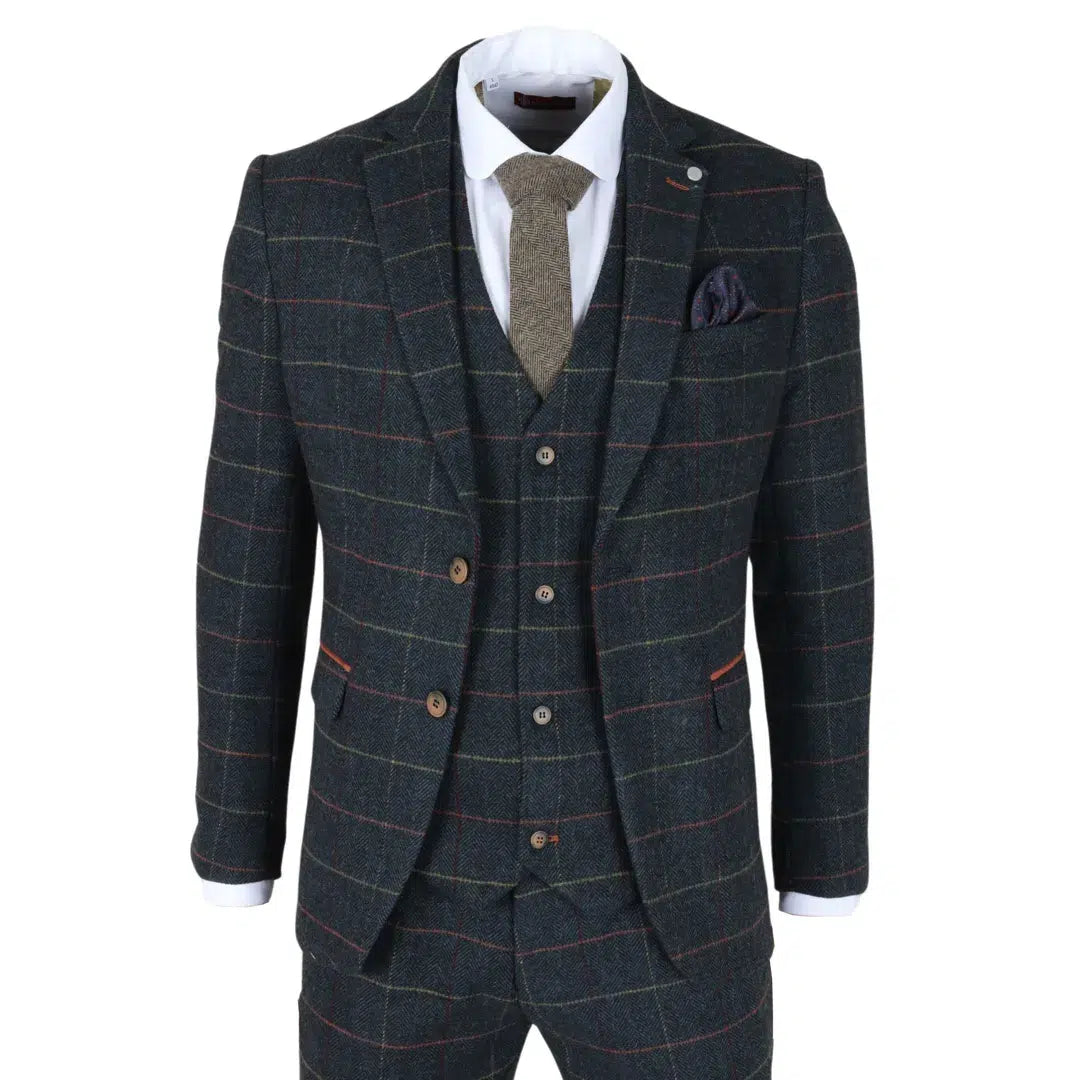 Archer - Miesten laivastonsininen ruutukuvioinen kalanruotokuvioinen tweed-puku, kolmiosainen