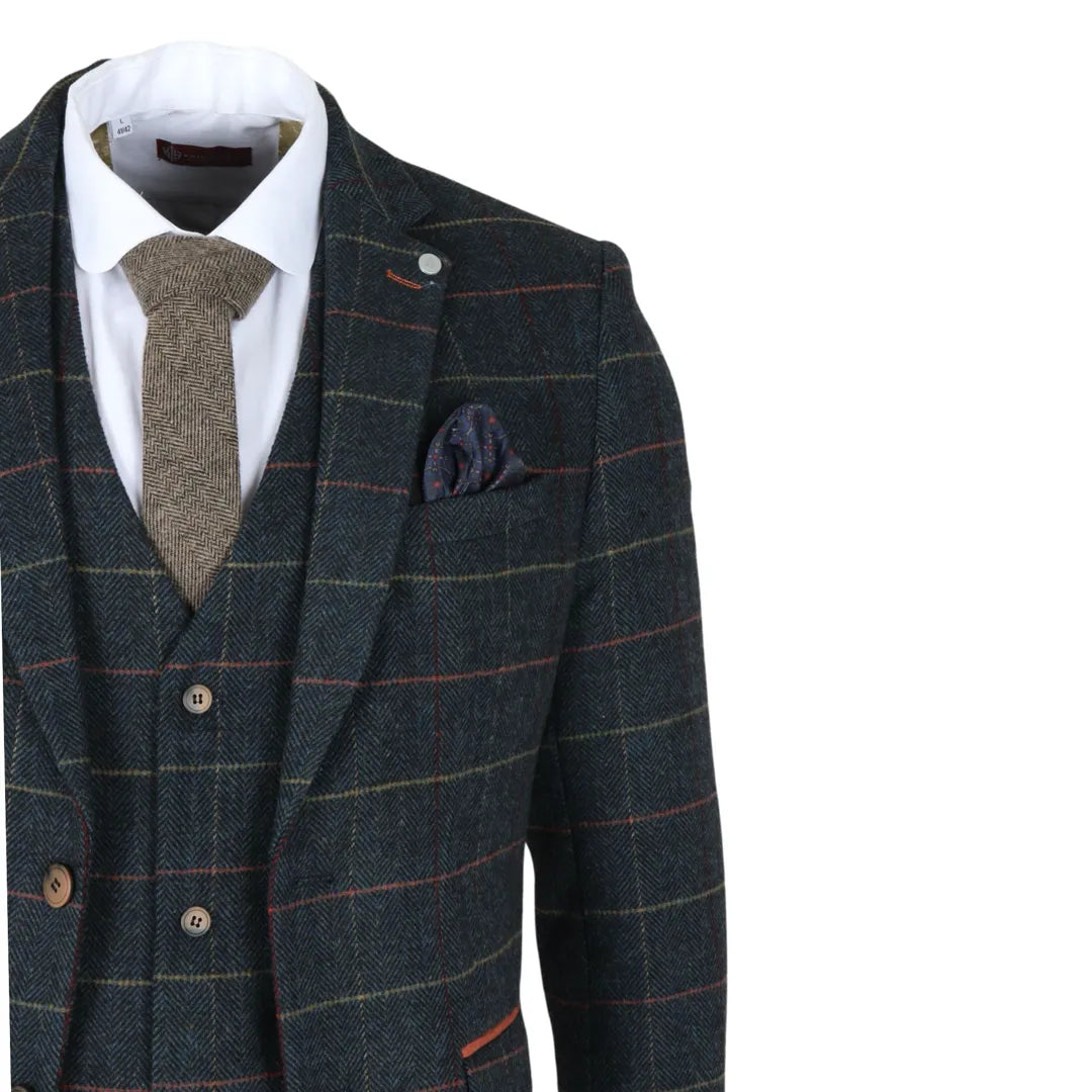 Archer - Miesten laivastonsininen ruutukuvioinen kalanruotokuvioinen tweed-puku, kolmiosainen