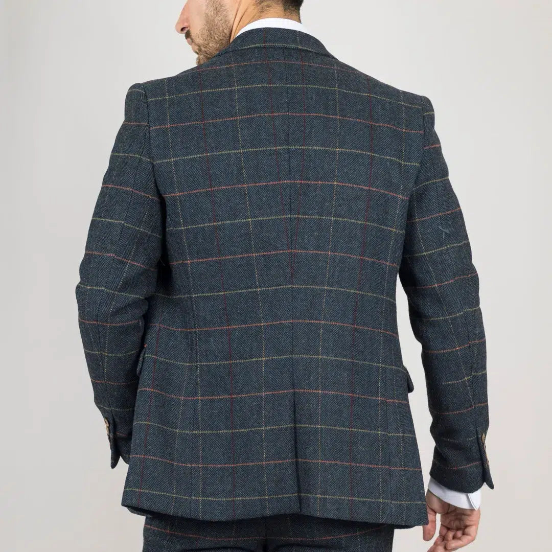 Archer - Miesten laivastonsininen ruutukuvioinen kalanruotokuvioinen tweed-puku, kolmiosainen