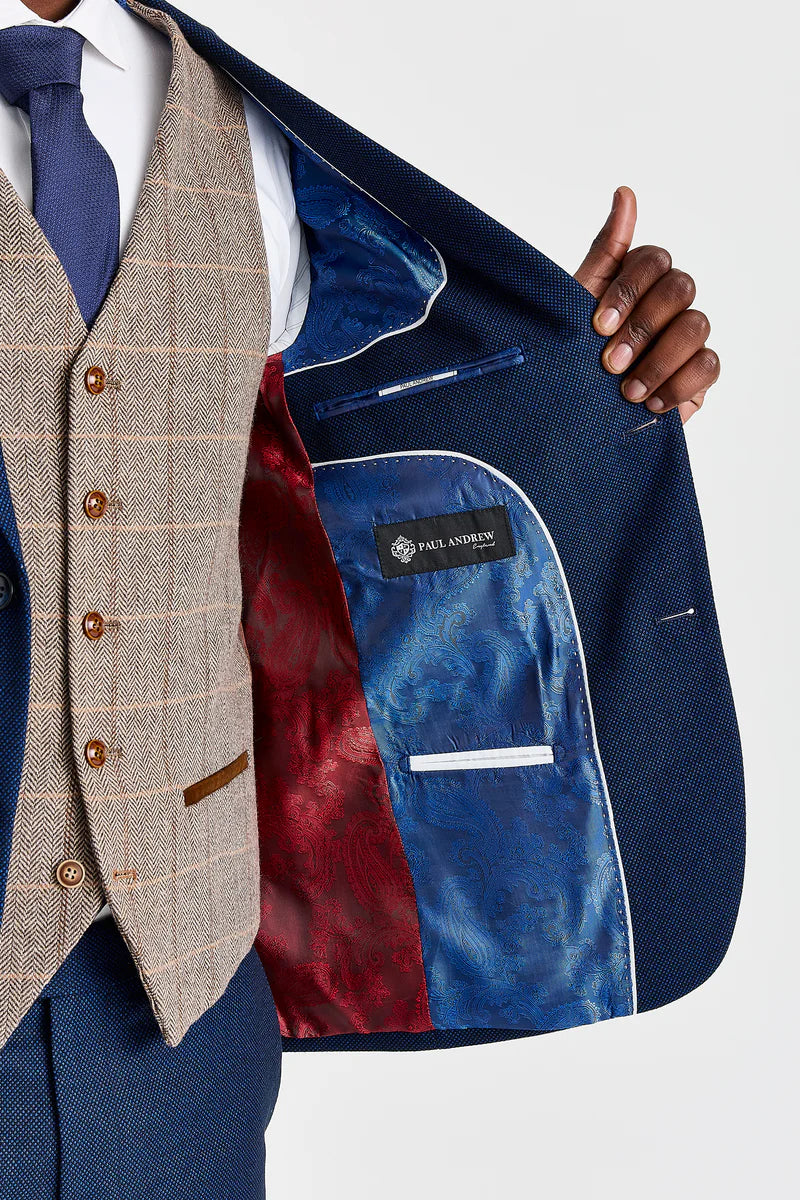 Arthur Navy -puku ja Harris Brown -kontrastivärinen tweed-liivi