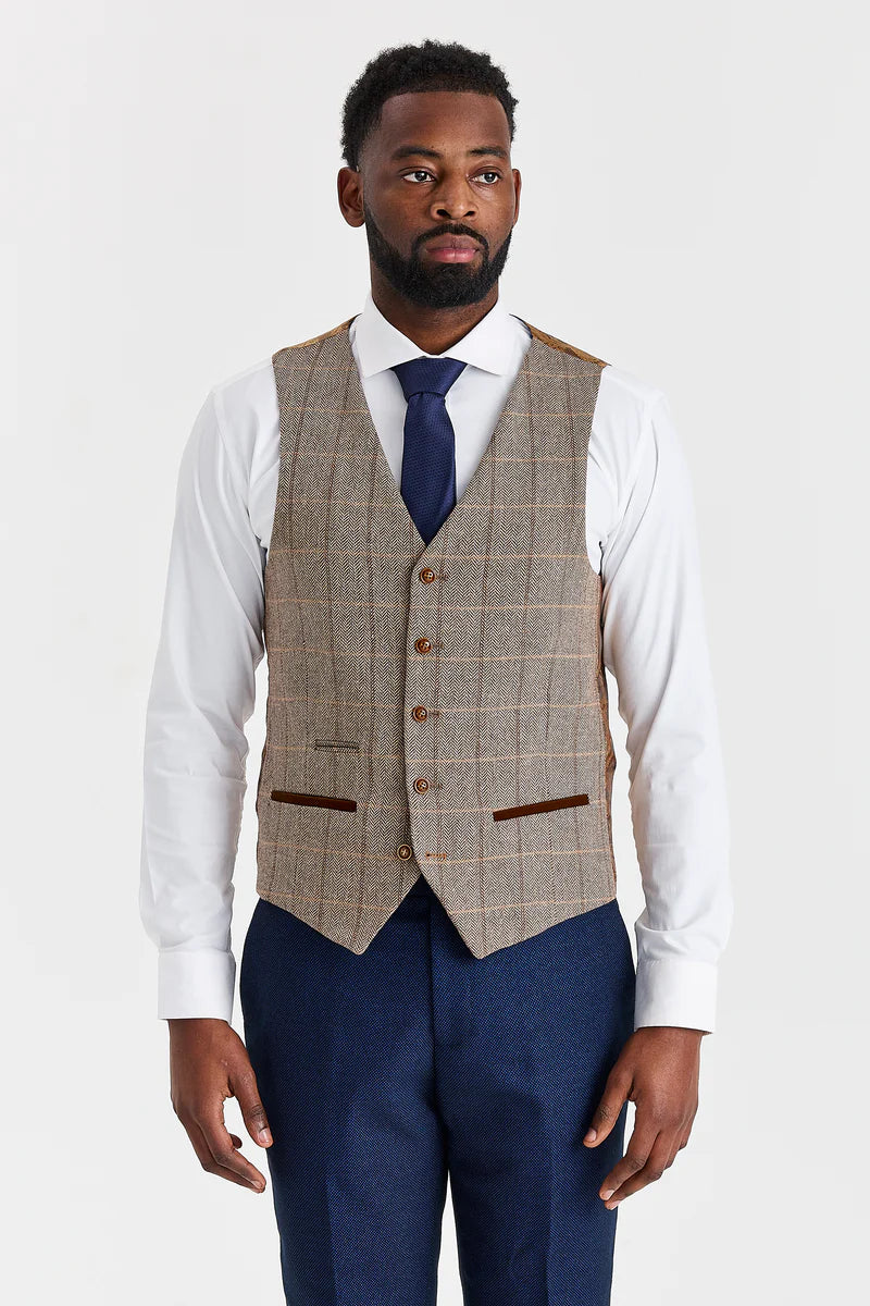 Arthur Navy -puku ja Harris Brown -kontrastivärinen tweed-liivi