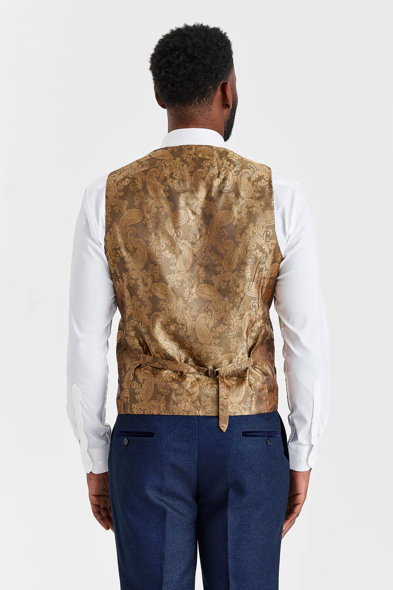 Arthur Navy -puku ja Harris Brown -kontrastivärinen tweed-liivi