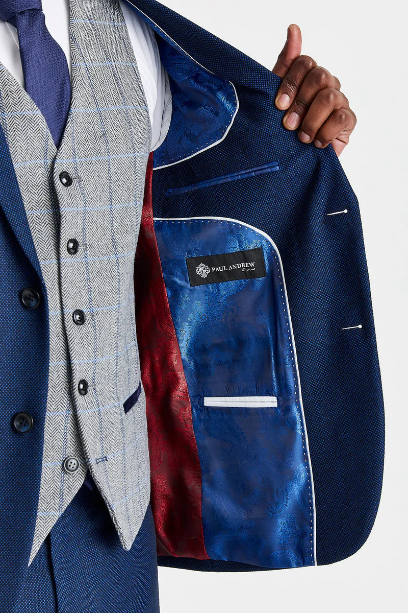 Arthur Navy -puku ja Harrisin harmaa kontrastivärinen tweed-liivi