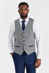 Arthur Navy -puku ja Harrisin harmaa kontrastivärinen tweed-liivi