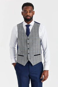 Arthur Navy -puku ja Harrisin harmaa kontrastivärinen tweed-liivi