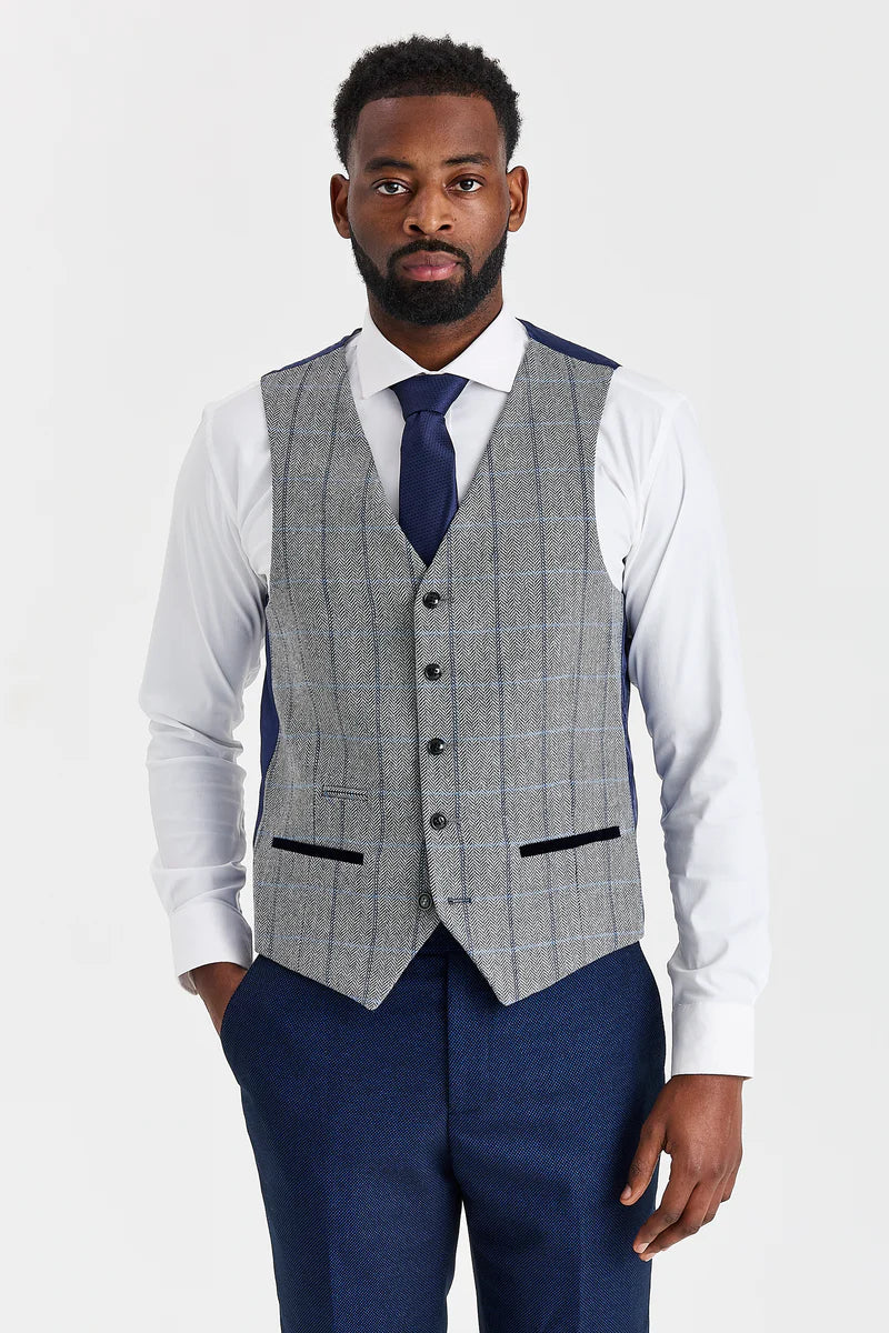 Arthur Navy -puku ja Harrisin harmaa kontrastivärinen tweed-liivi