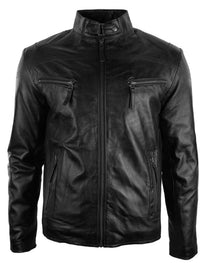 Miesten nahkatakki, biker-tyylinen, vintage-tyylinen, musta, vetoketjullisilla taskuilla, rento ja istuva - musta