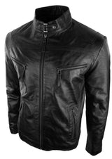 Miesten nahkatakki, biker-tyylinen, vintage-tyylinen, musta, vetoketjullisilla taskuilla, rento ja istuva - musta