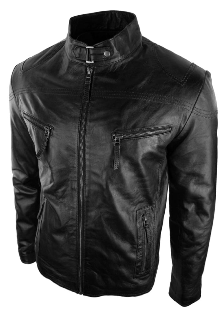Miesten nahkatakki, biker-tyylinen, vintage-tyylinen, musta, vetoketjullisilla taskuilla, rento ja istuva - musta
