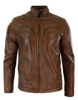 Miesten nahkatakki, biker-tyylinen, vintage-tyylinen, musta, vetoketjullisilla taskuilla, rento istuvuus - ruskea
