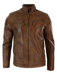 Miesten nahkatakki, biker-tyylinen, vintage-tyylinen, musta, vetoketjullisilla taskuilla, rento istuvuus - ruskea