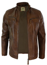 Miesten nahkatakki, biker-tyylinen, vintage-tyylinen, musta, vetoketjullisilla taskuilla, rento istuvuus - ruskea