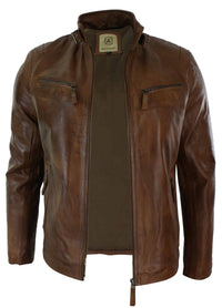 Miesten nahkatakki, biker-tyylinen, vintage-tyylinen, musta, vetoketjullisilla taskuilla, rento istuvuus - ruskea