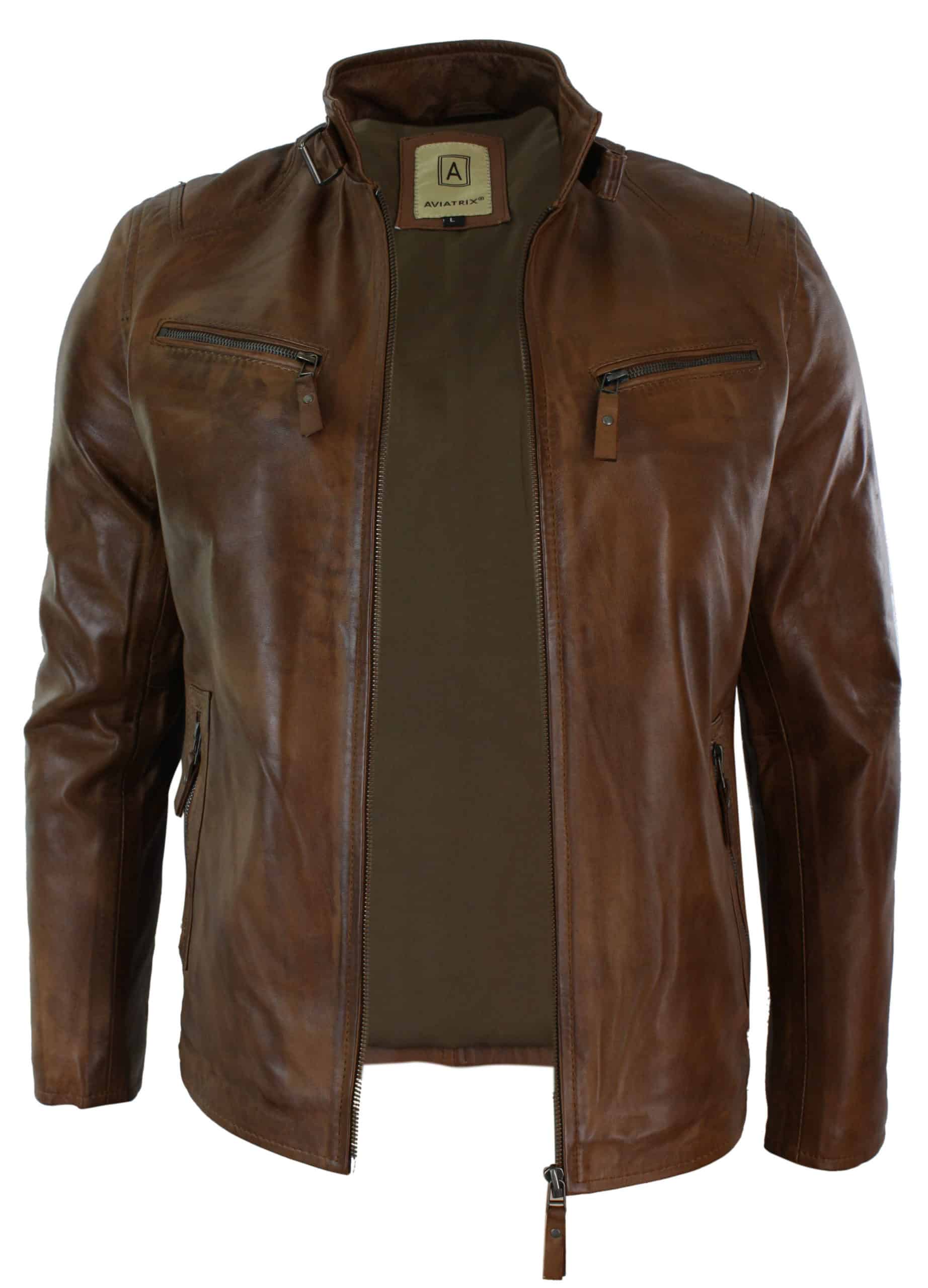Miesten nahkatakki, biker-tyylinen, vintage-tyylinen, musta, vetoketjullisilla taskuilla, rento istuvuus - ruskea