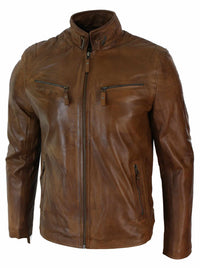 Miesten nahkatakki, biker-tyylinen, vintage-tyylinen, musta, vetoketjullisilla taskuilla, rento istuvuus - ruskea