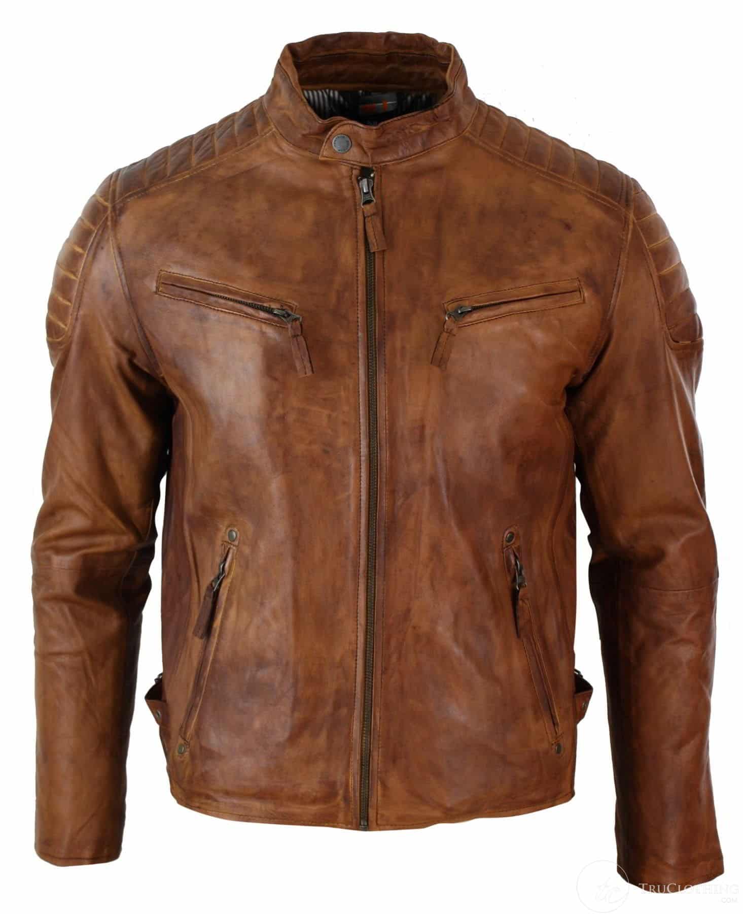 Aitoa pestyä nahkaa, vartalonmyötäinen, retrotyylinen vetoketjullinen miesten biker-takki, ruskeansininen, urbaani-nevadalainen puutavara