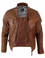 Aitoa pestyä nahkaa, vartalonmyötäinen, retrotyylinen vetoketjullinen miesten biker-takki, ruskeansininen, urbaani-nevadalainen puutavara