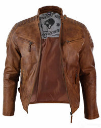 Aitoa pestyä nahkaa, vartalonmyötäinen, retrotyylinen vetoketjullinen miesten biker-takki, ruskeansininen, urbaani-nevadalainen puutavara