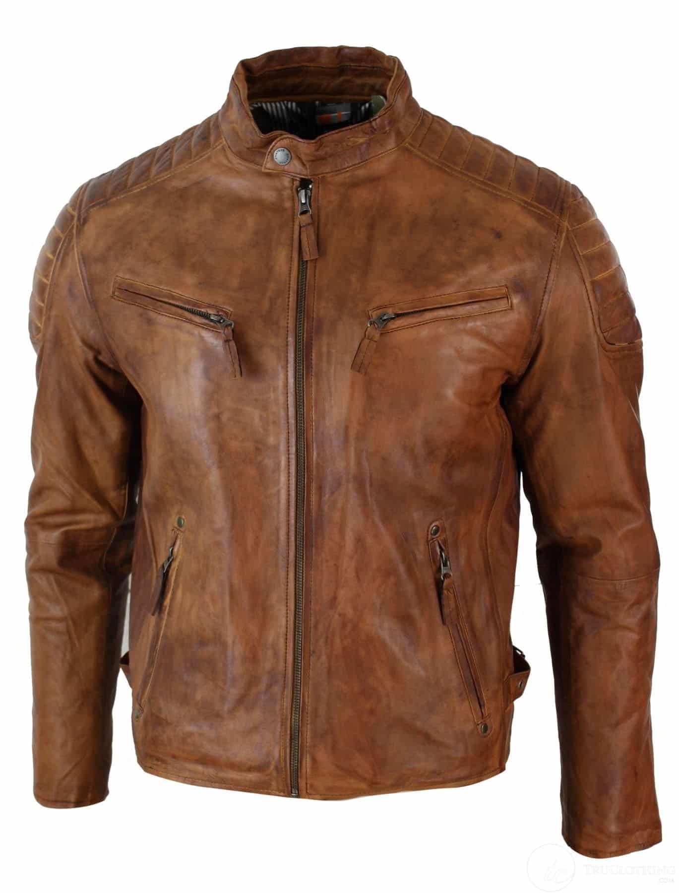 Aitoa pestyä nahkaa, vartalonmyötäinen, retrotyylinen vetoketjullinen miesten biker-takki, ruskeansininen, urbaani-nevadalainen puutavara