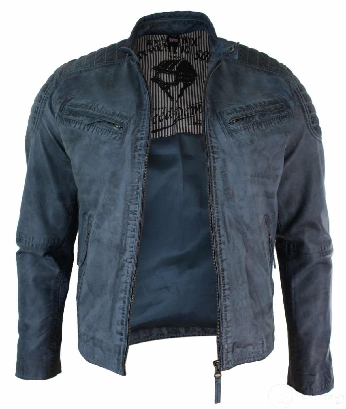 Aitoa pestyä nahkaa, vartalonmyötäinen, retrotyylinen vetoketjullinen miesten biker-takki, ruskeansininen, urbaani-zulu-sininen