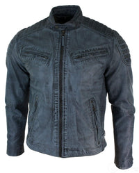Aitoa pestyä nahkaa, vartalonmyötäinen, retrotyylinen vetoketjullinen miesten biker-takki, ruskeansininen, urbaani-zulu-sininen