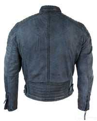 Aitoa pestyä nahkaa, vartalonmyötäinen, retrotyylinen vetoketjullinen miesten biker-takki, ruskeansininen, urbaani-zulu-sininen