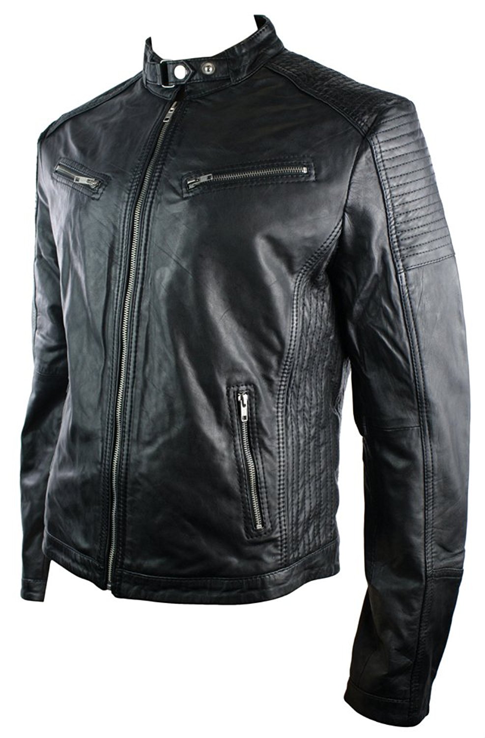 Aitoa nahkaa, istuva retrotyylinen vetoketjullinen miesten biker-takki, ruskea, Nevada, Timber Black, urbaani-musta