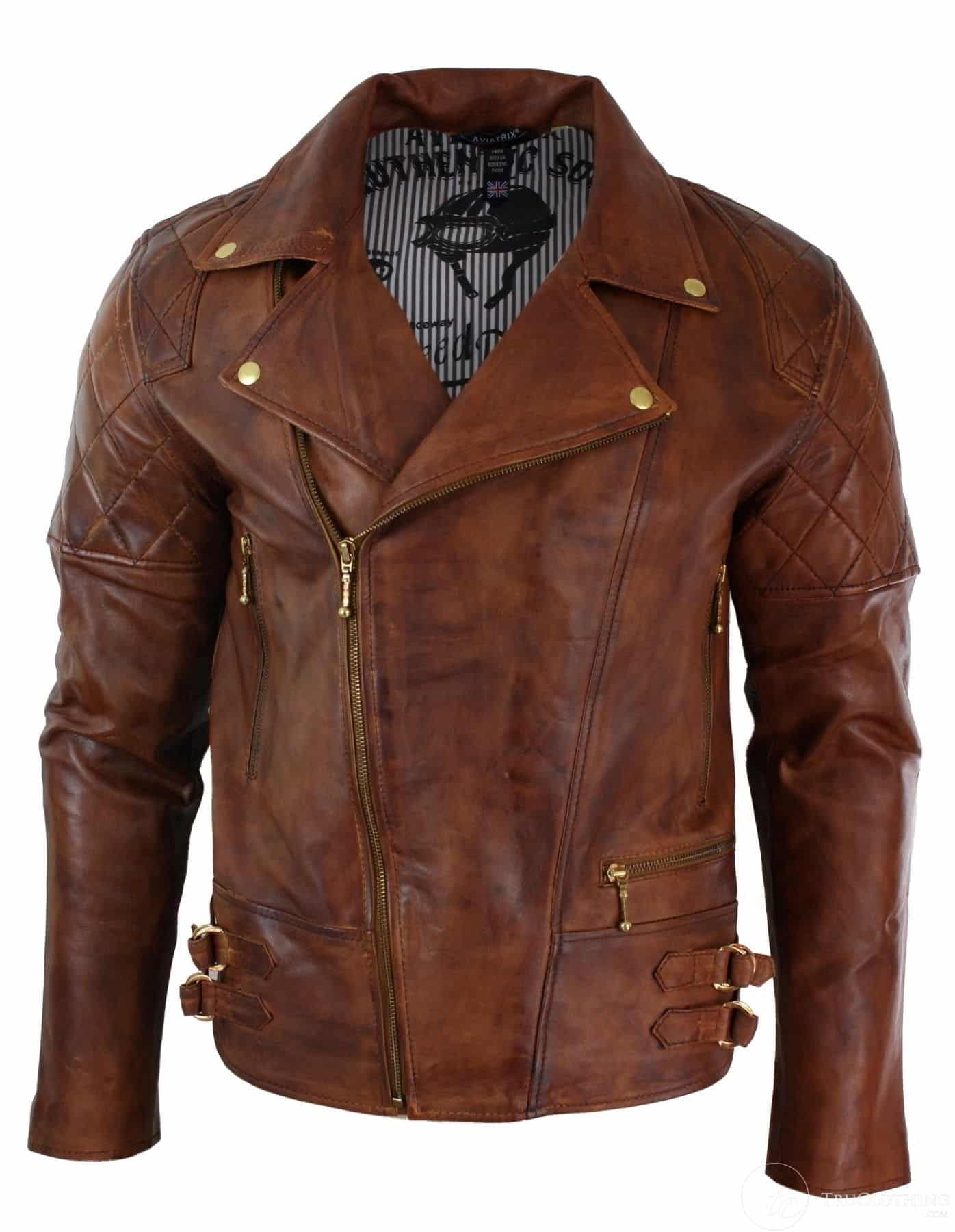 Aitoa nahkaa, kapea istuvuus, ristivetoketjullinen retro-vintage-ruskea biker-punk-rock-miesten takki - Nevada Timber