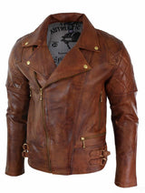 Aitoa nahkaa, kapea istuvuus, ristivetoketjullinen retro-vintage-ruskea biker-punk-rock-miesten takki - Nevada Timber