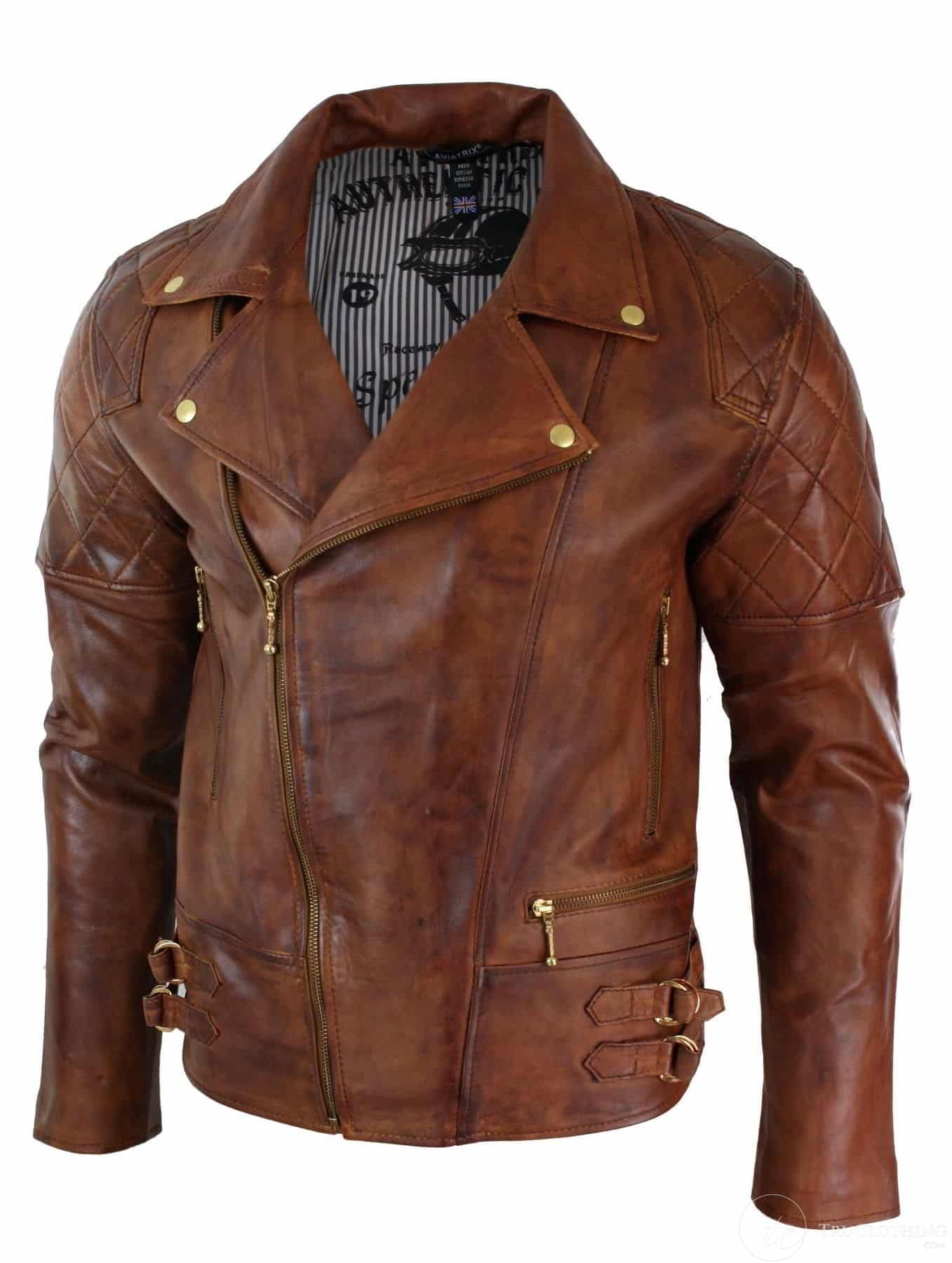 Aitoa nahkaa, kapea istuvuus, ristivetoketjullinen retro-vintage-ruskea biker-punk-rock-miesten takki - Nevada Timber