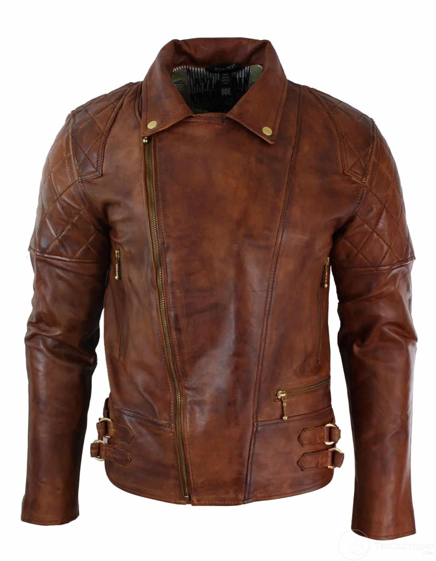 Aitoa nahkaa, kapea istuvuus, ristivetoketjullinen retro-vintage-ruskea biker-punk-rock-miesten takki - Nevada Timber