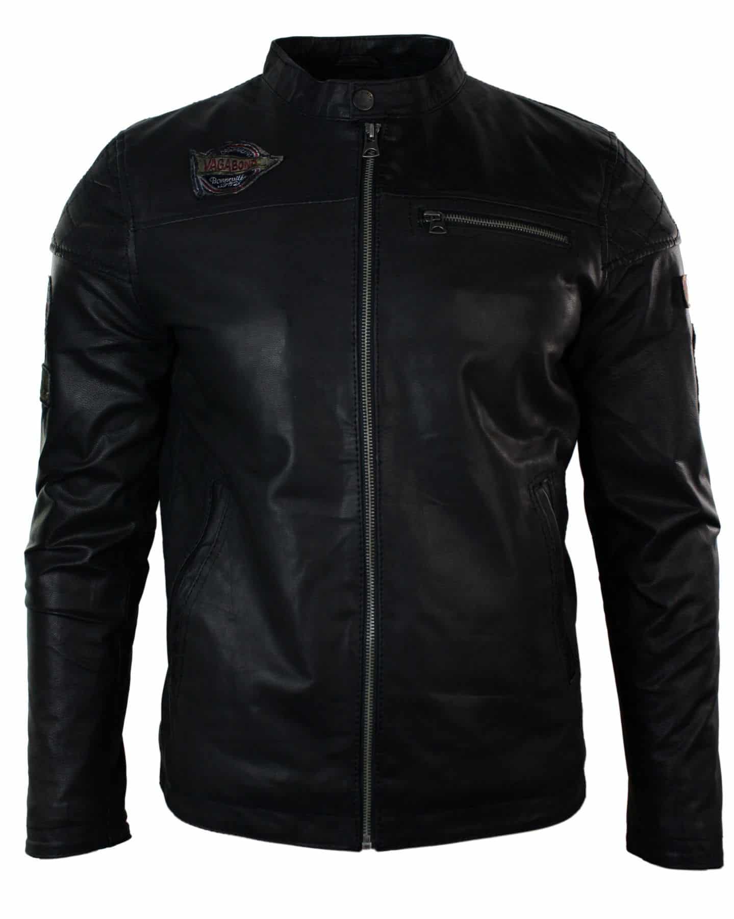 Aitoa nahkaa miesten musta Slim Fit Retro Vintage Casual Biker -tyylinen takki, merkit