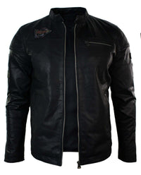 Aitoa nahkaa miesten musta Slim Fit Retro Vintage Casual Biker -tyylinen takki, merkit