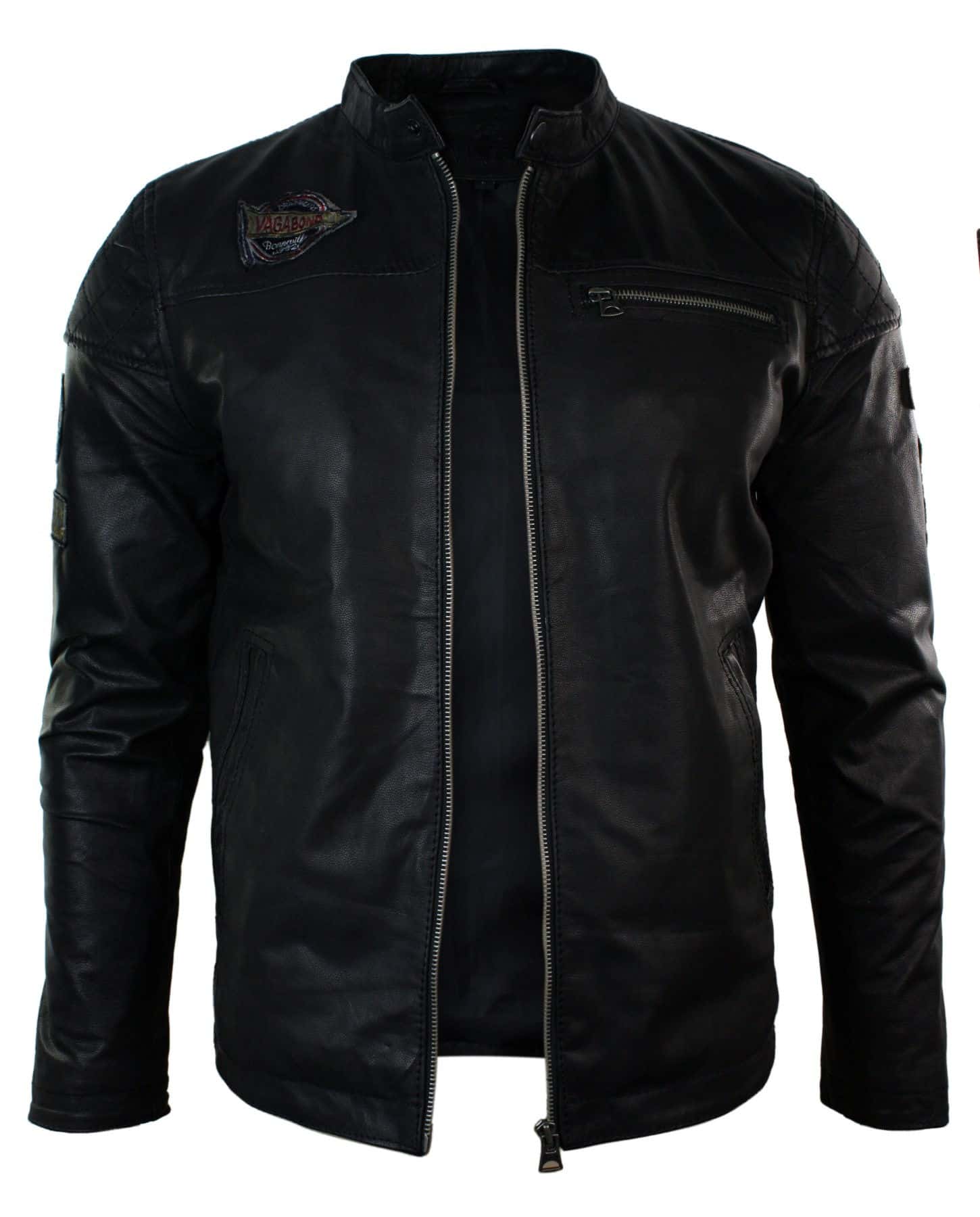 Aitoa nahkaa miesten musta Slim Fit Retro Vintage Casual Biker -tyylinen takki, merkit