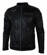 Aitoa nahkaa miesten musta Slim Fit Retro Vintage Casual Biker -tyylinen takki, merkit