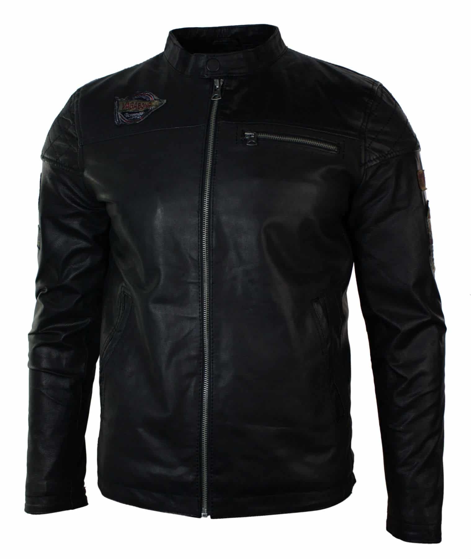 Aitoa nahkaa miesten musta Slim Fit Retro Vintage Casual Biker -tyylinen takki, merkit