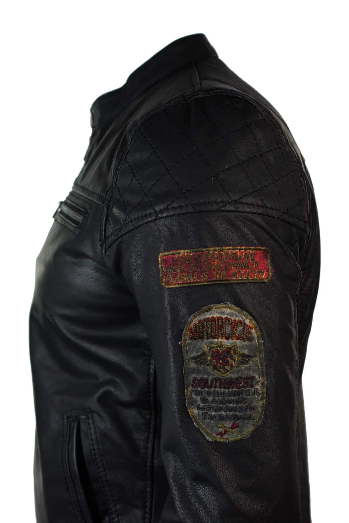 Aitoa nahkaa miesten musta Slim Fit Retro Vintage Casual Biker -tyylinen takki, merkit