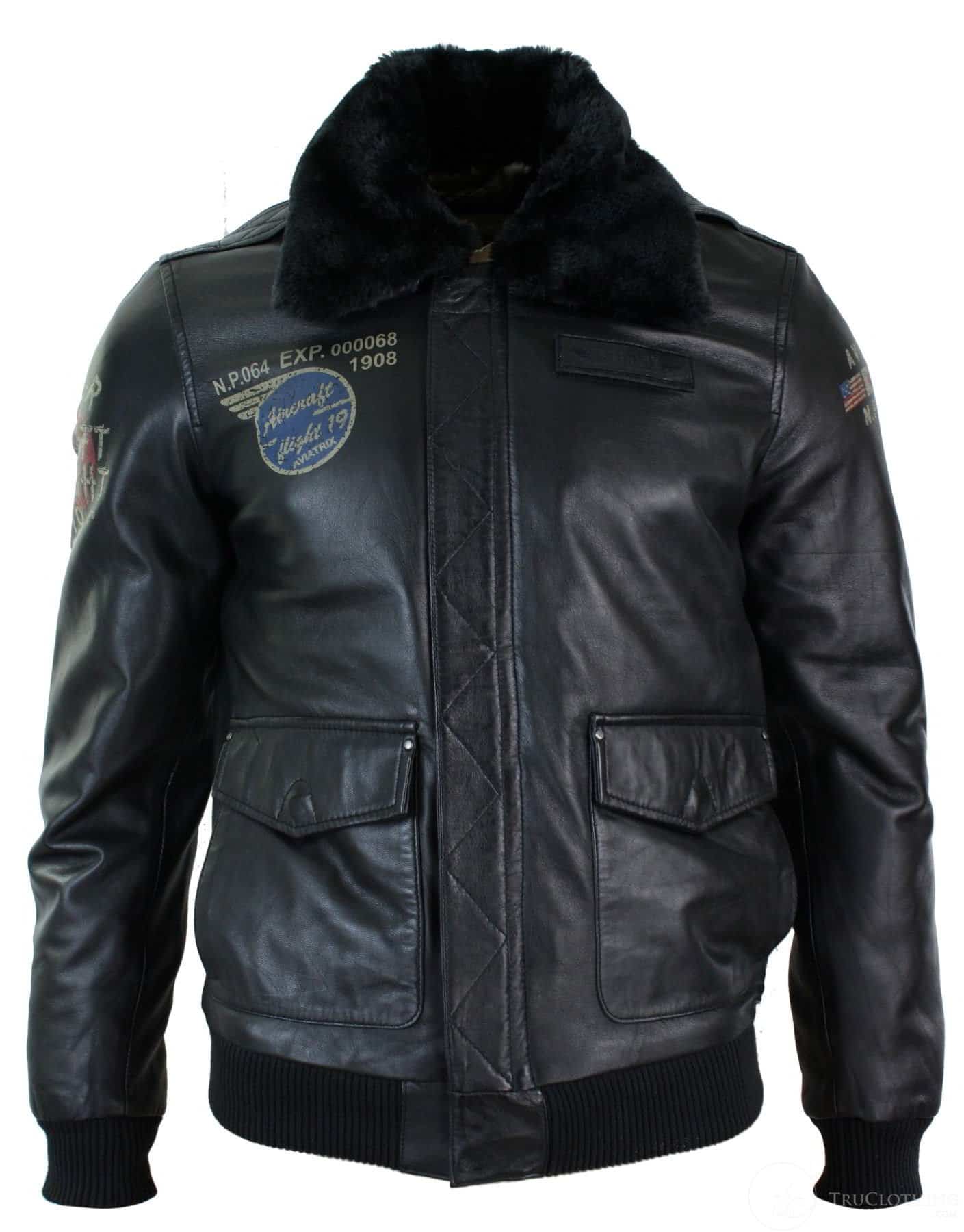 Miesten musta nahkainen pilottitakki, jossa turkiskaulus ja Slim Fit Bomber -materiaalia.