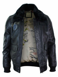 Miesten musta nahkainen pilottitakki, jossa turkiskaulus ja Slim Fit Bomber -materiaalia.