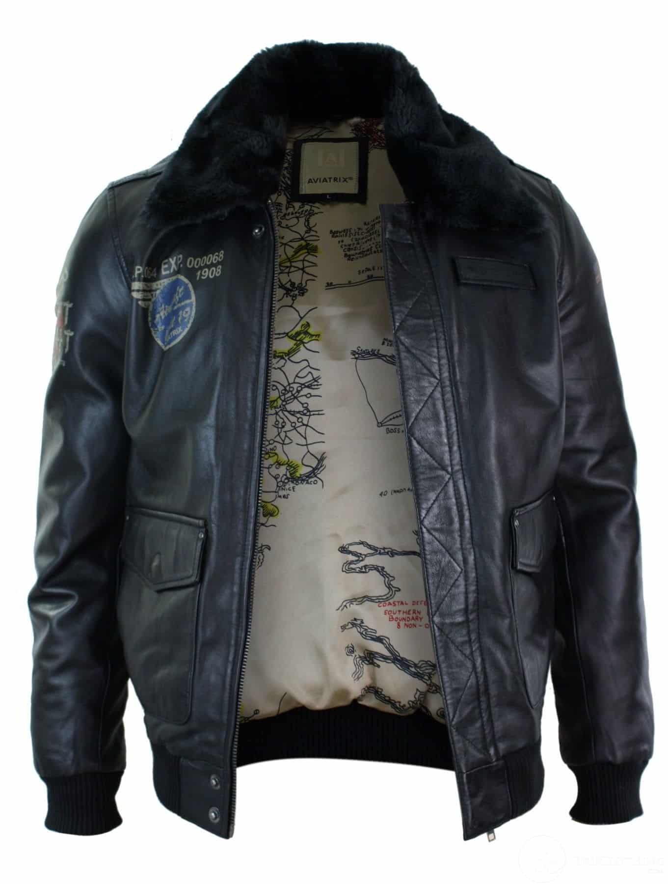 Miesten musta nahkainen pilottitakki, jossa turkiskaulus ja Slim Fit Bomber -materiaalia.